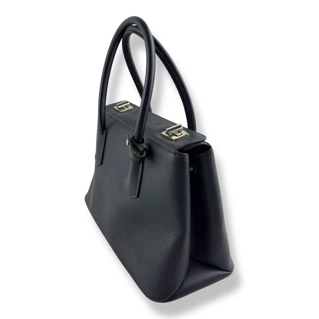 Prada Medium Double Tote Saffiano Navy Medium Leather Tote Handbag - Lux Central