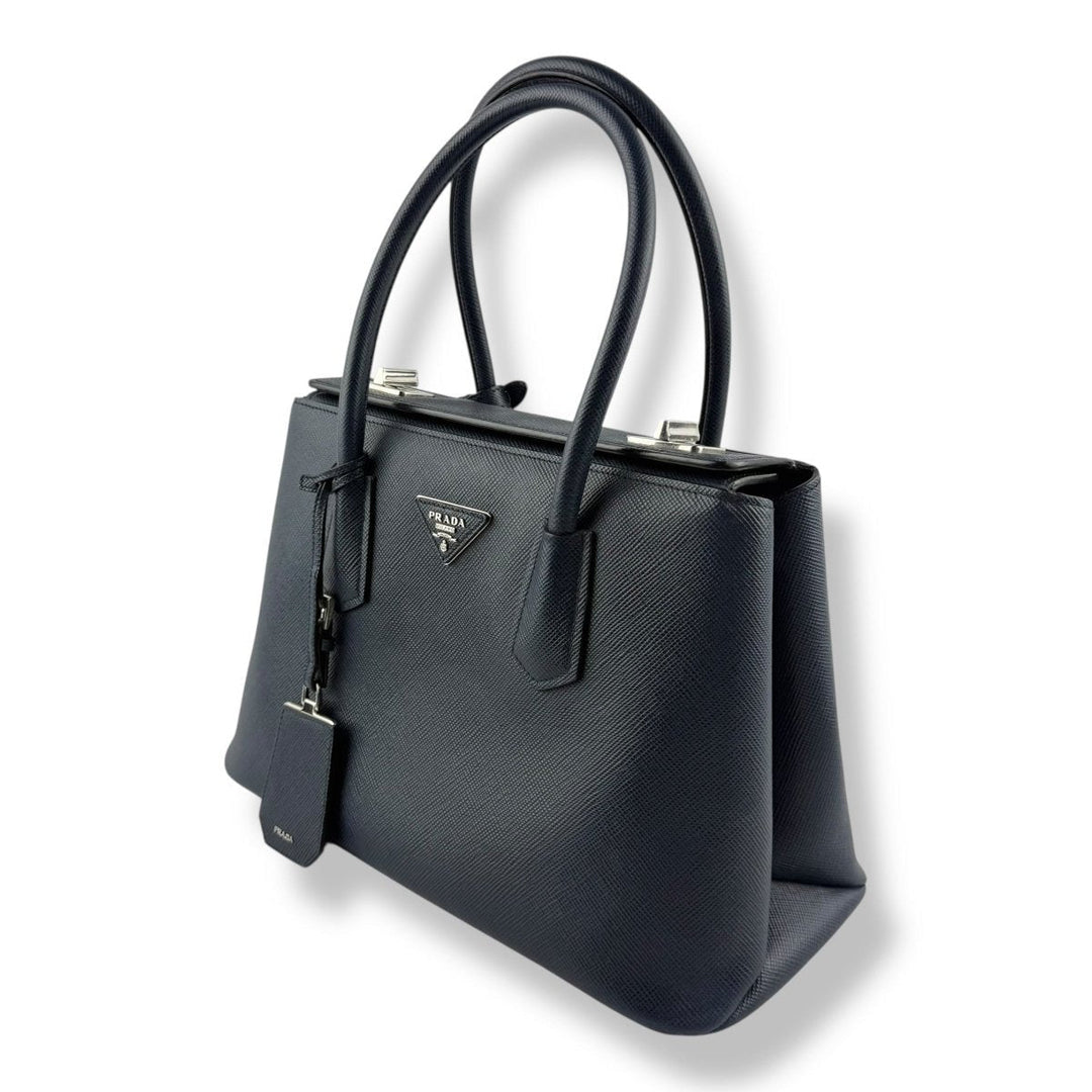 Prada Medium Double Tote Saffiano Navy Medium Leather Tote Handbag - Lux Central