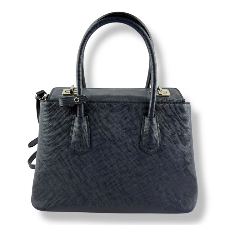 Prada Medium Double Tote Saffiano Navy Medium Leather Tote Handbag - Lux Central