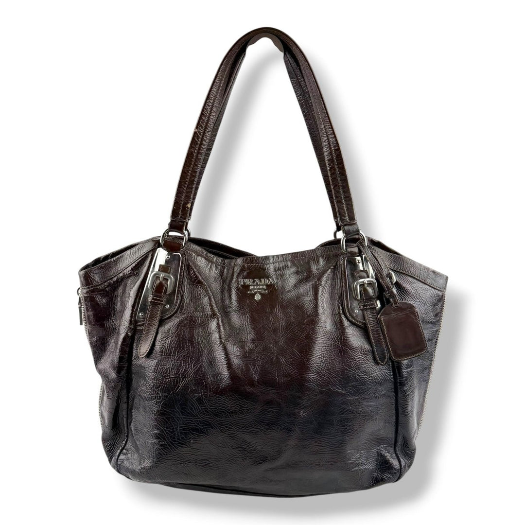 Prada Mirtillo Ombre Brown Crinkled Leather Handbag - Lux Central
