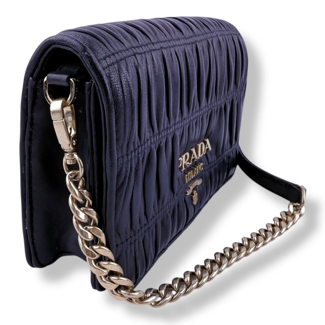 Prada Nappa Gaufre Black Leather Wallet on Chain Handbag - Lux Central