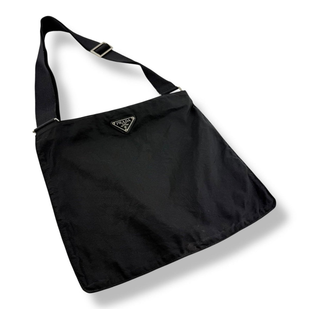 Prada Plaque Logo Black Nylon Messenger Crossbody Bag - Lux Central