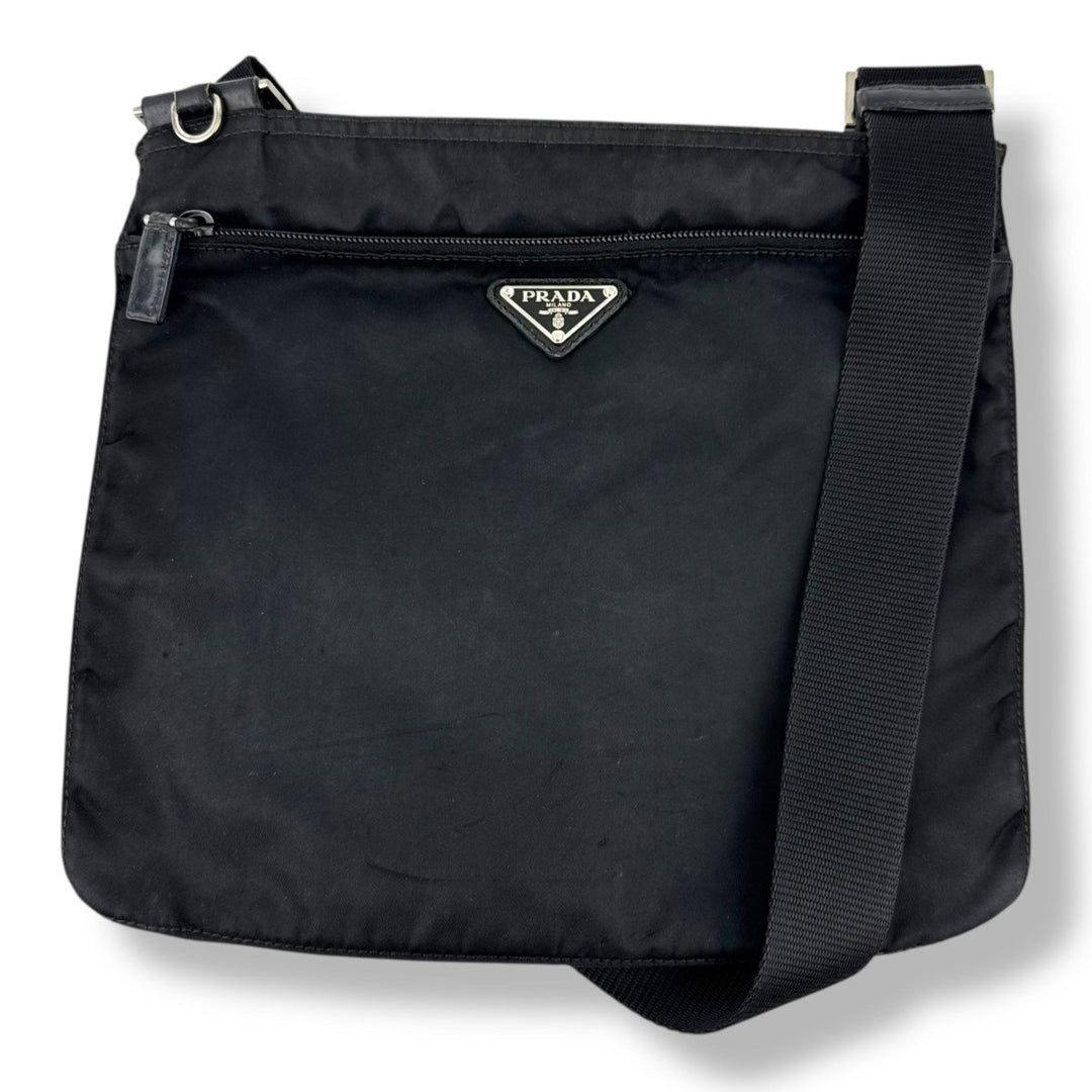 Prada Plaque Logo Black Nylon Messenger Crossbody Bag - Lux Central