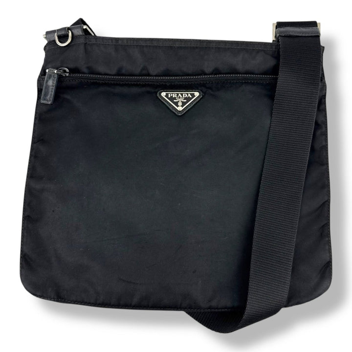 Prada Plaque Logo Black Nylon Messenger Crossbody Bag - Lux Central