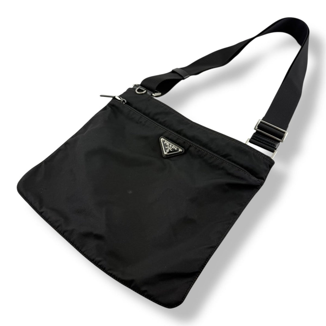 Prada Plaque Logo Black Nylon Messenger Crossbody Bag - Lux Central