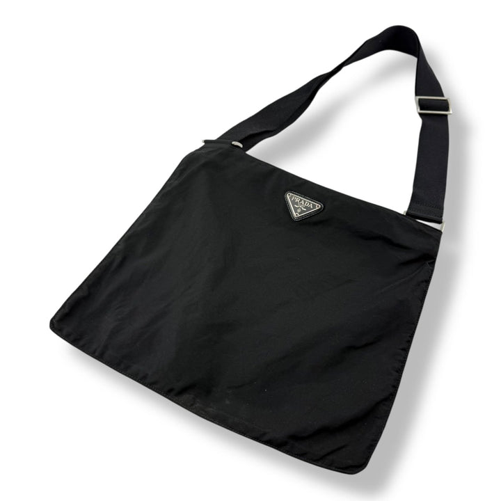 Prada Plaque Logo Black Nylon Messenger Crossbody Bag - Lux Central
