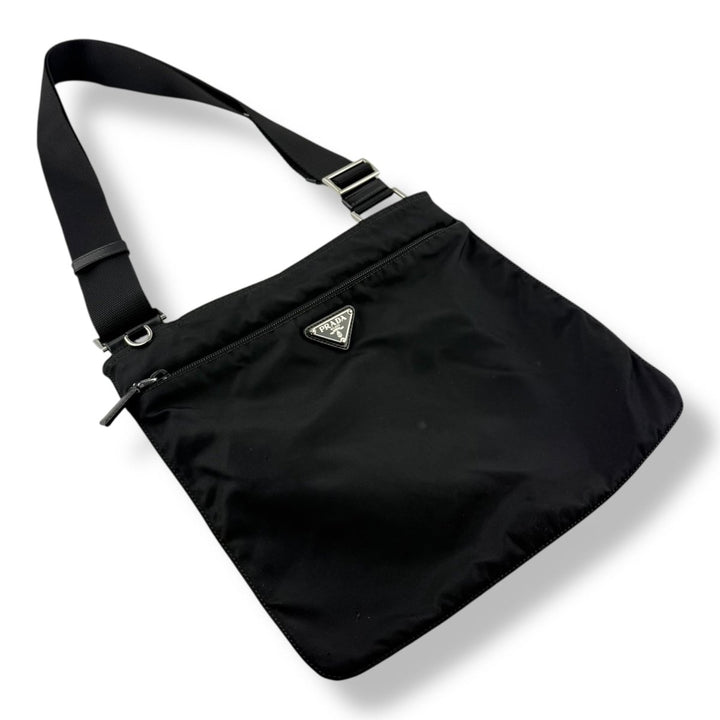 Prada Plaque Logo Black Nylon Messenger Crossbody Bag - Lux Central