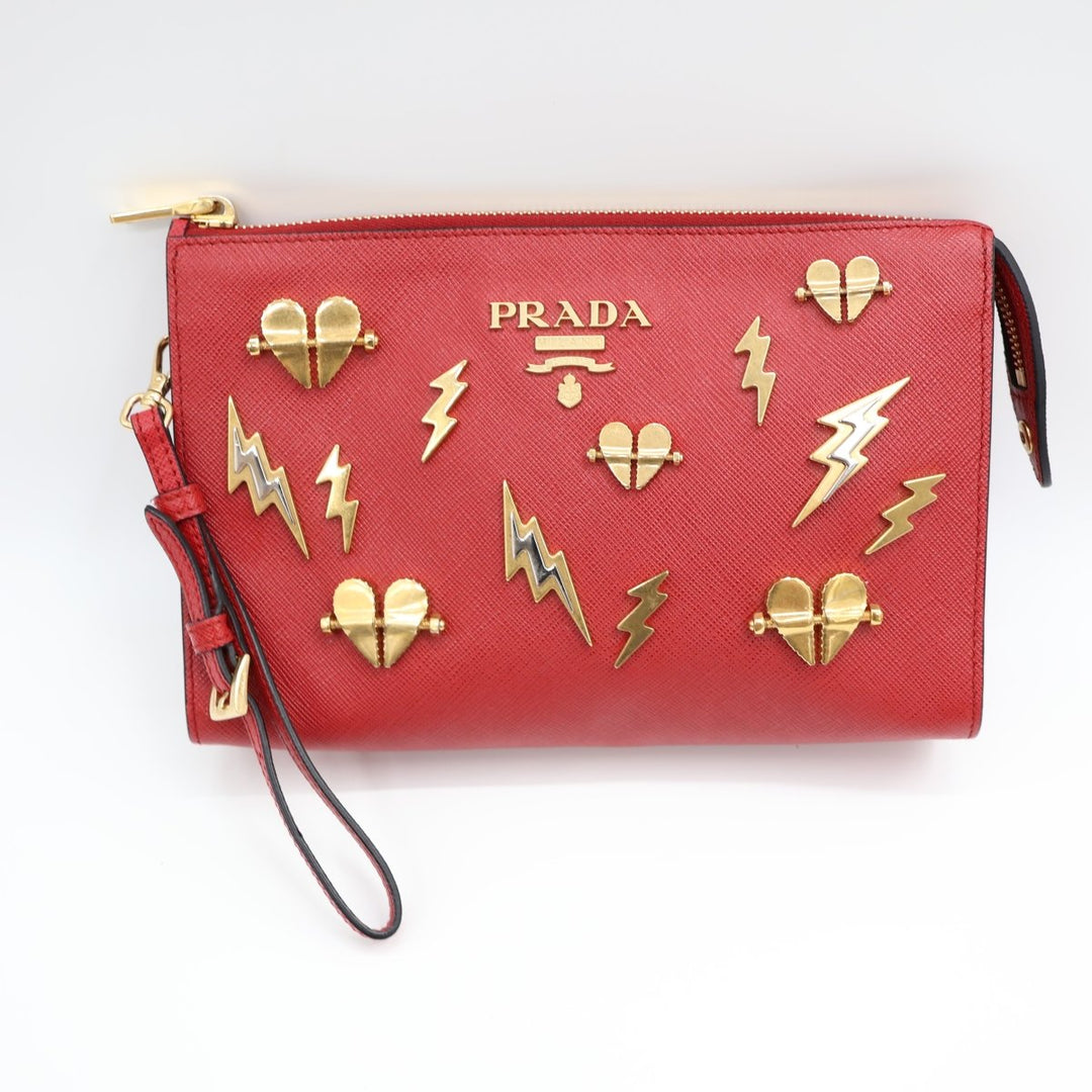 Prada Red Gold Embossed Clutch Handbag - Lux Central