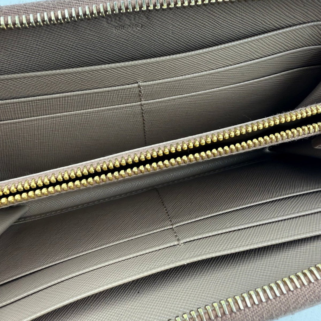 Prada Saffiano Beige Long Zip Around Wallet - Lux Central