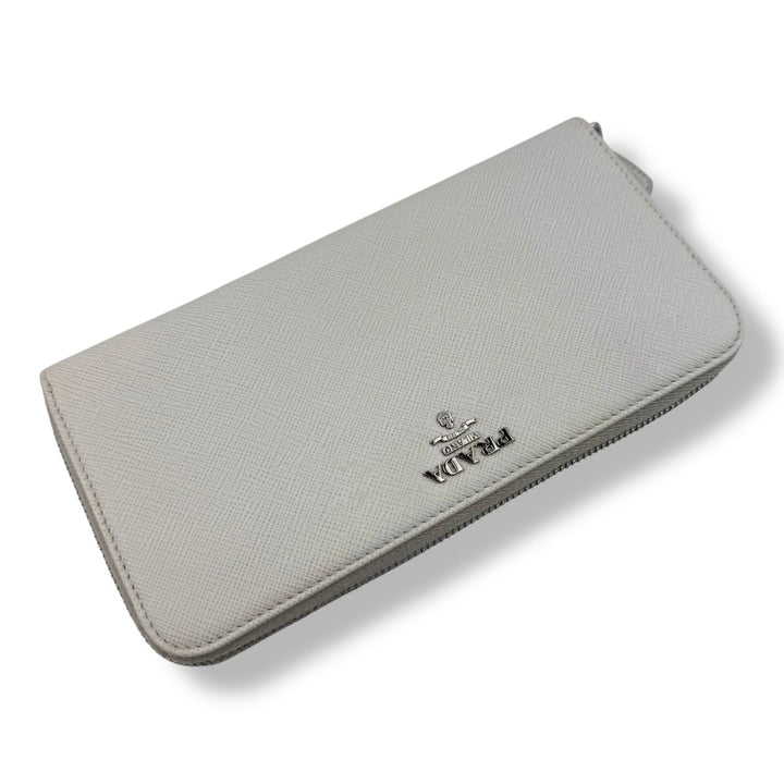 Prada Saffiano Cream Long Zip Around Wallet - Lux Central