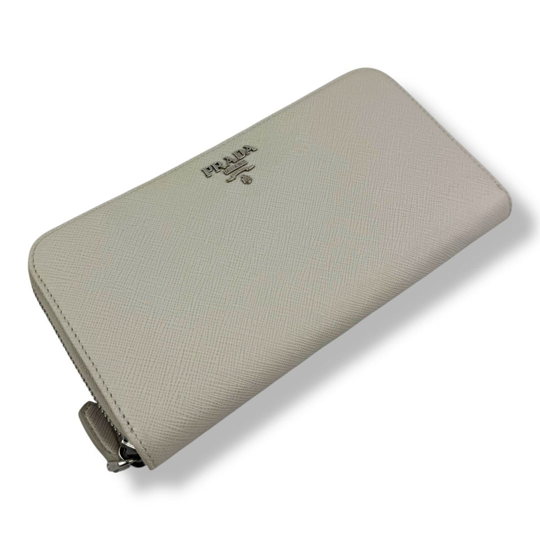 Prada Saffiano Cream Long Zip Around Wallet - Lux Central