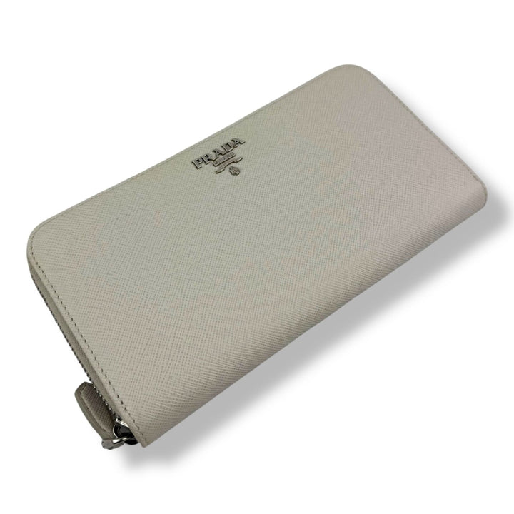 Prada Saffiano Cream Long Zip Around Wallet - Lux Central