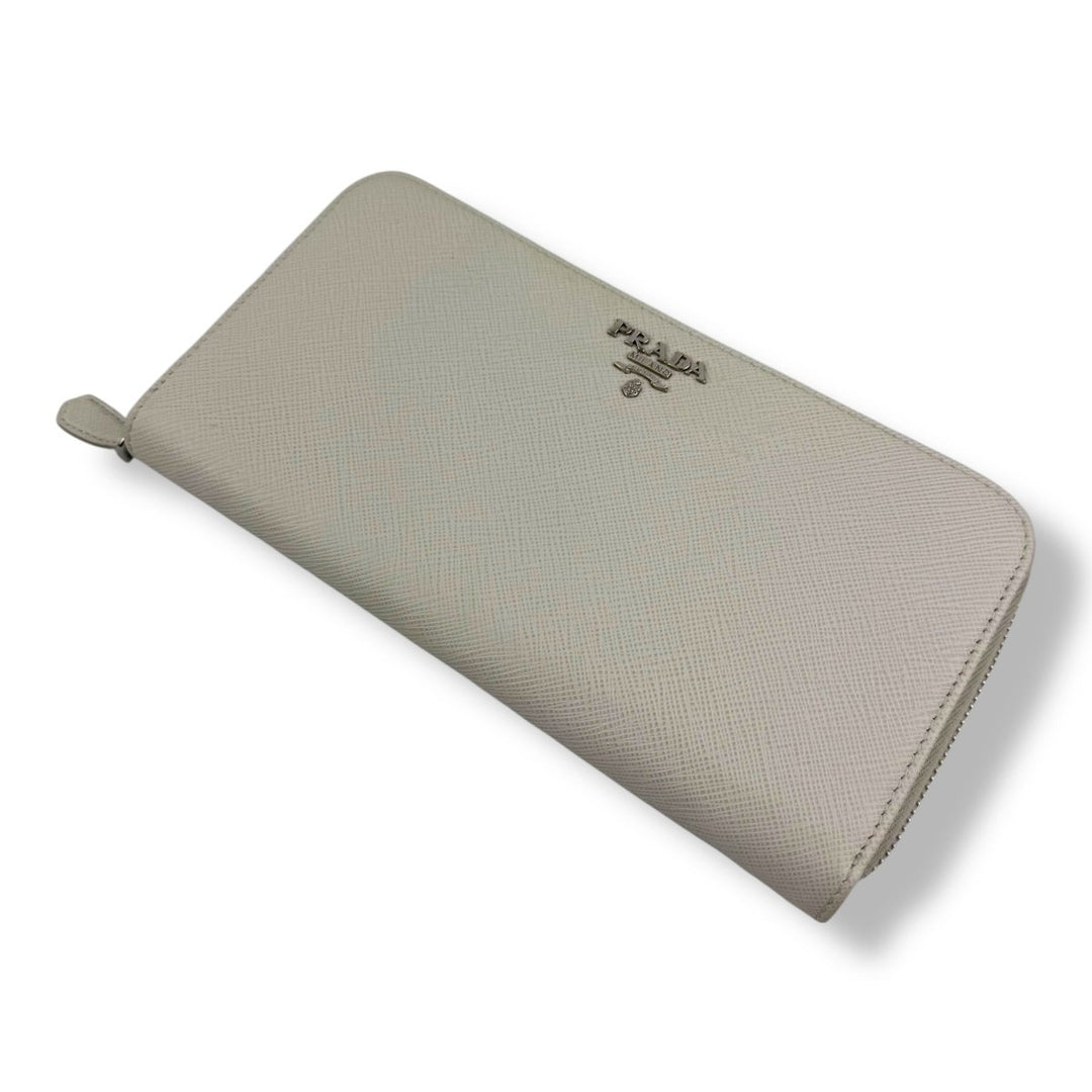 Prada Saffiano Cream Long Zip Around Wallet - Lux Central