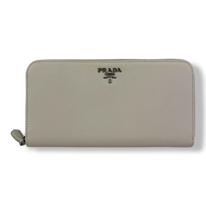 Prada Saffiano Cream Long Zip Around Wallet - Lux Central