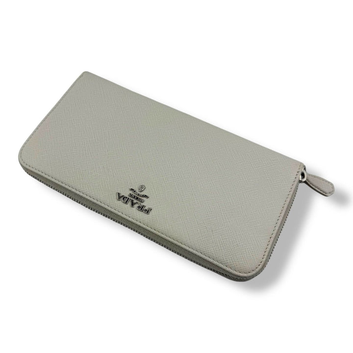 Prada Saffiano Cream Long Zip Around Wallet - Lux Central