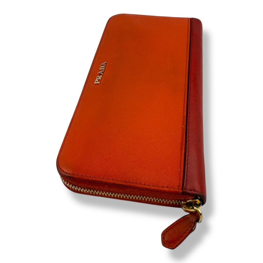 Prada Saffiano Orange/Red Zip Around Wallet - Lux Central