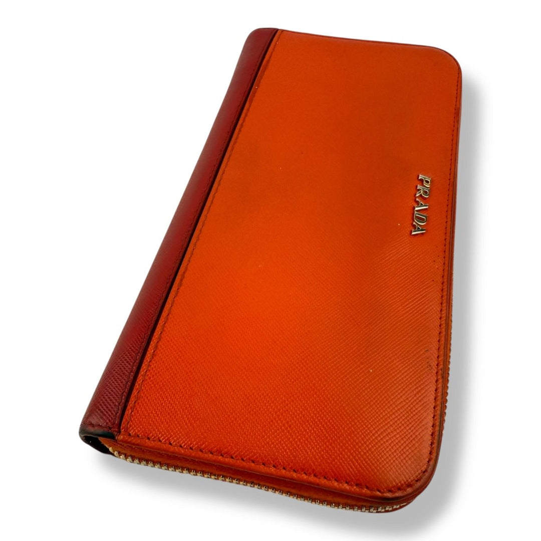 Prada Saffiano Orange/Red Zip Around Wallet - Lux Central
