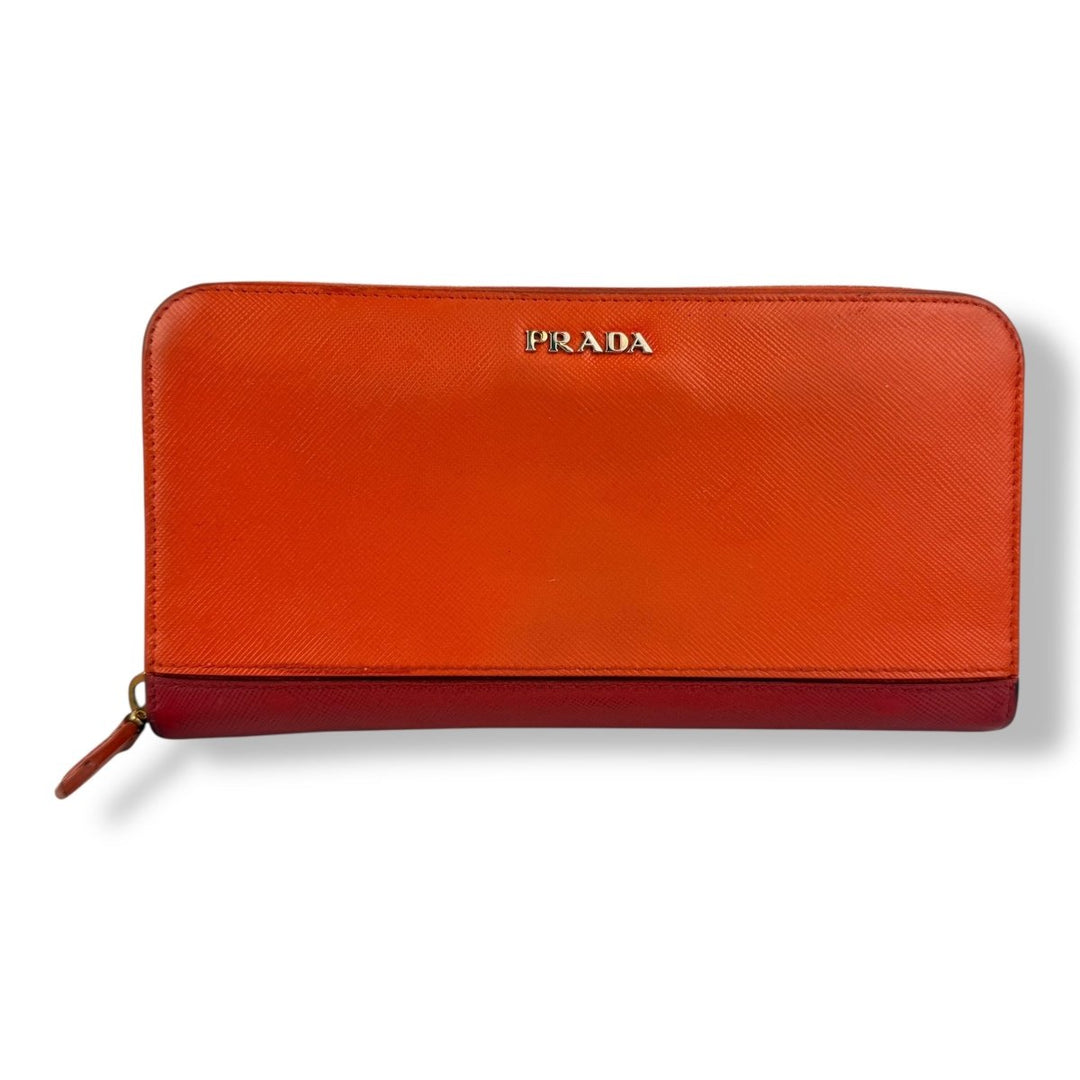 Prada Saffiano Orange/Red Zip Around Wallet - Lux Central