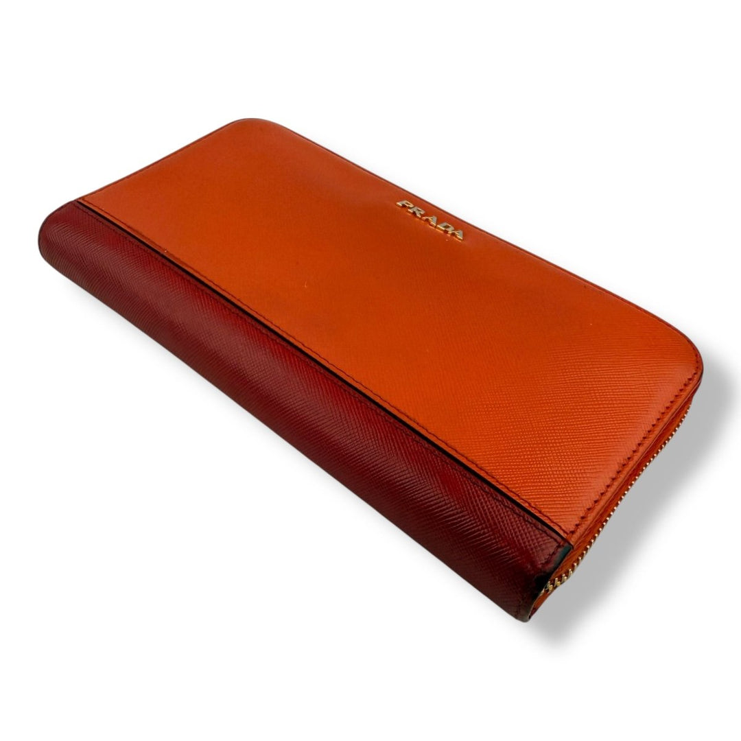 Prada Saffiano Orange/Red Zip Around Wallet - Lux Central