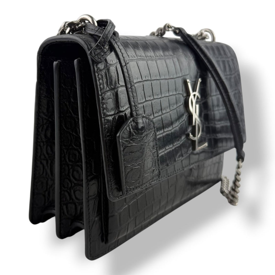 Saint Laurent Black Croc Embossed Leather Medium Sunset Chain Bag - Lux Central