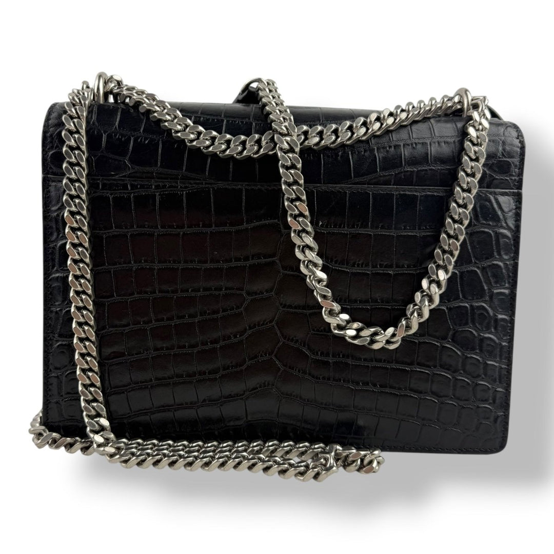 Saint Laurent Black Croc Embossed Leather Medium Sunset Chain Bag - Lux Central