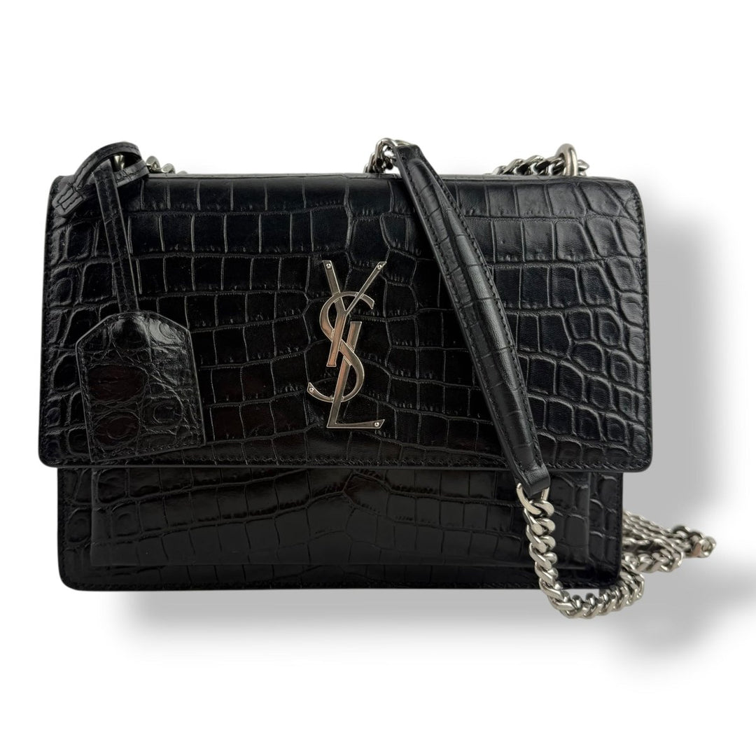 Saint Laurent Black Croc Embossed Leather Medium Sunset Chain Bag - Lux Central