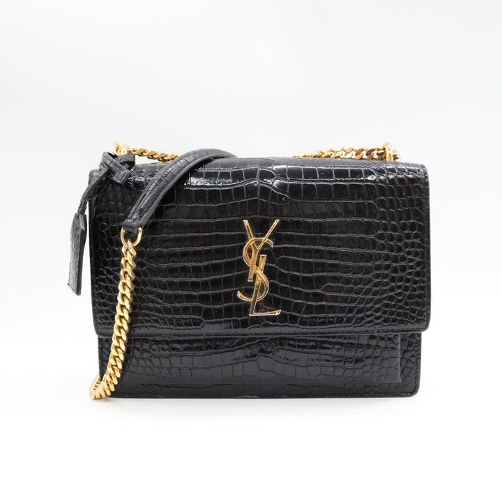 Saint Laurent Black Croc Embossed Leather Medium Sunset Chain Crossbody Bag - Lux Central
