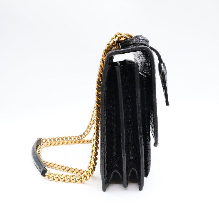 Saint Laurent Black Croc Embossed Leather Medium Sunset Chain Crossbody Bag - Lux Central
