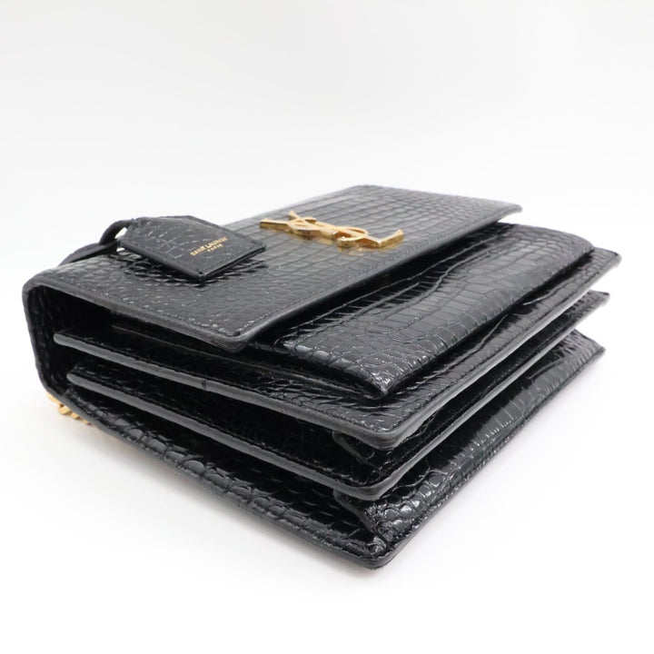 Saint Laurent Black Croc Embossed Leather Medium Sunset Chain Crossbody Bag - Lux Central