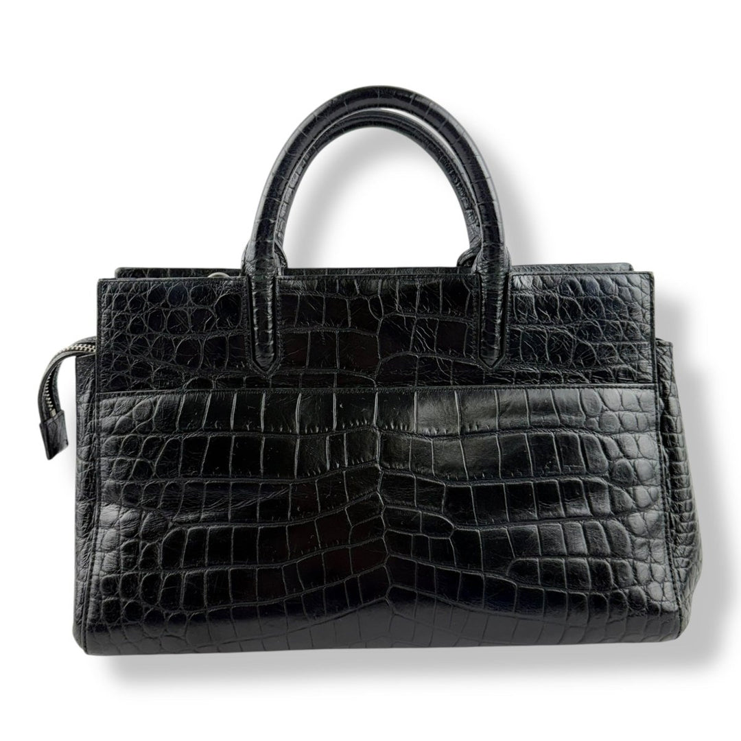 Saint Laurent Calfskin Black Croc Embossed Leather Small Cabas Handbag - Lux Central