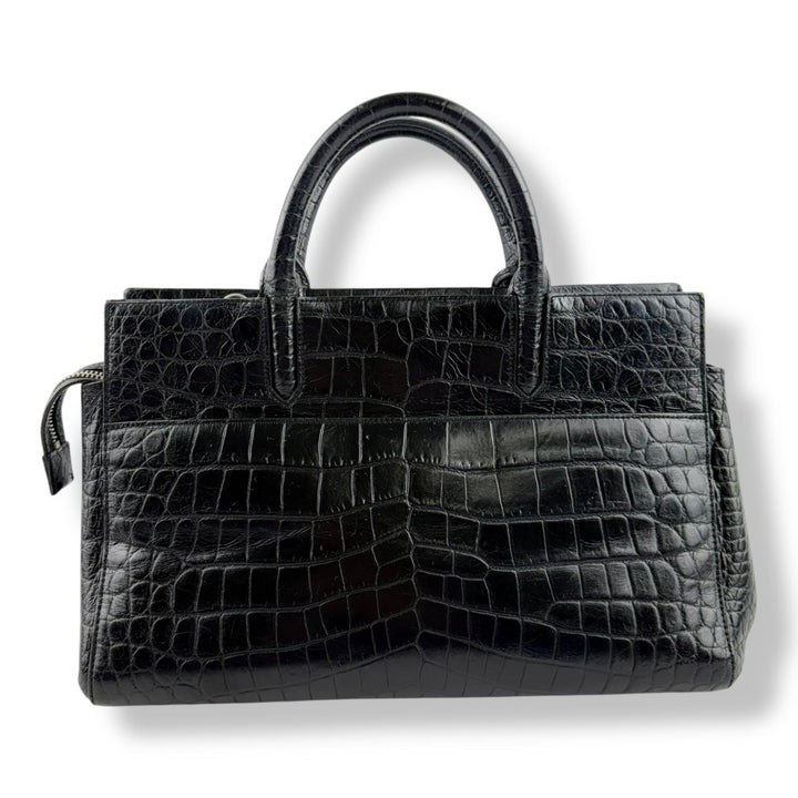 Saint Laurent Calfskin Black Croc Embossed Leather Small Cabas Handbag - Lux Central