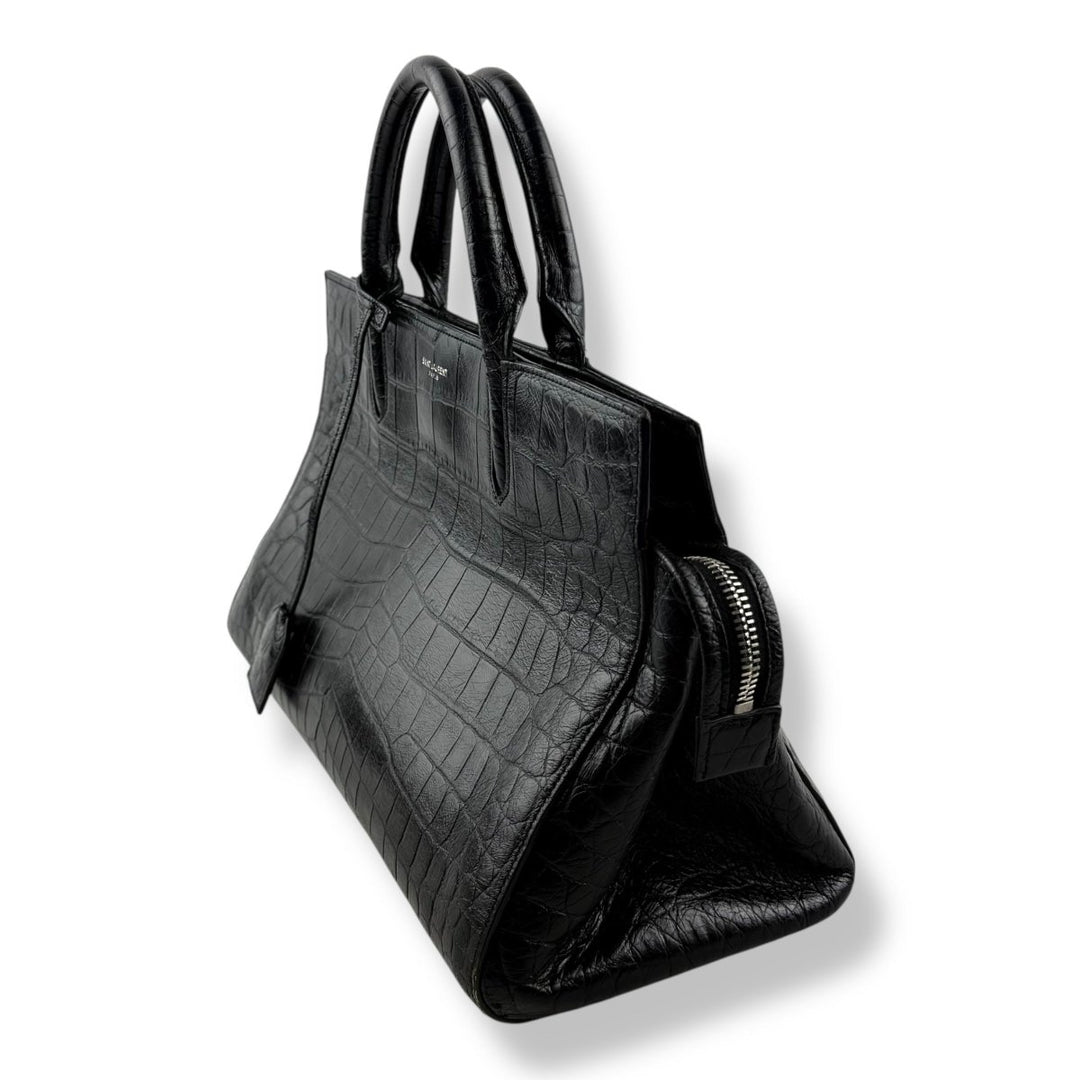 Saint Laurent Calfskin Black Croc Embossed Leather Small Cabas Handbag - Lux Central