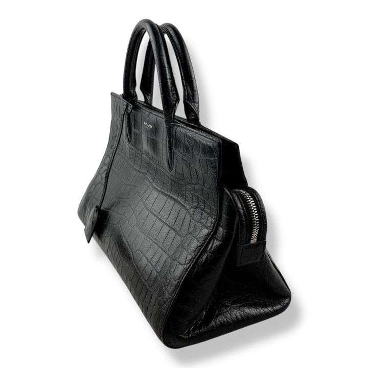 Saint Laurent Calfskin Black Croc Embossed Leather Small Cabas Handbag - Lux Central