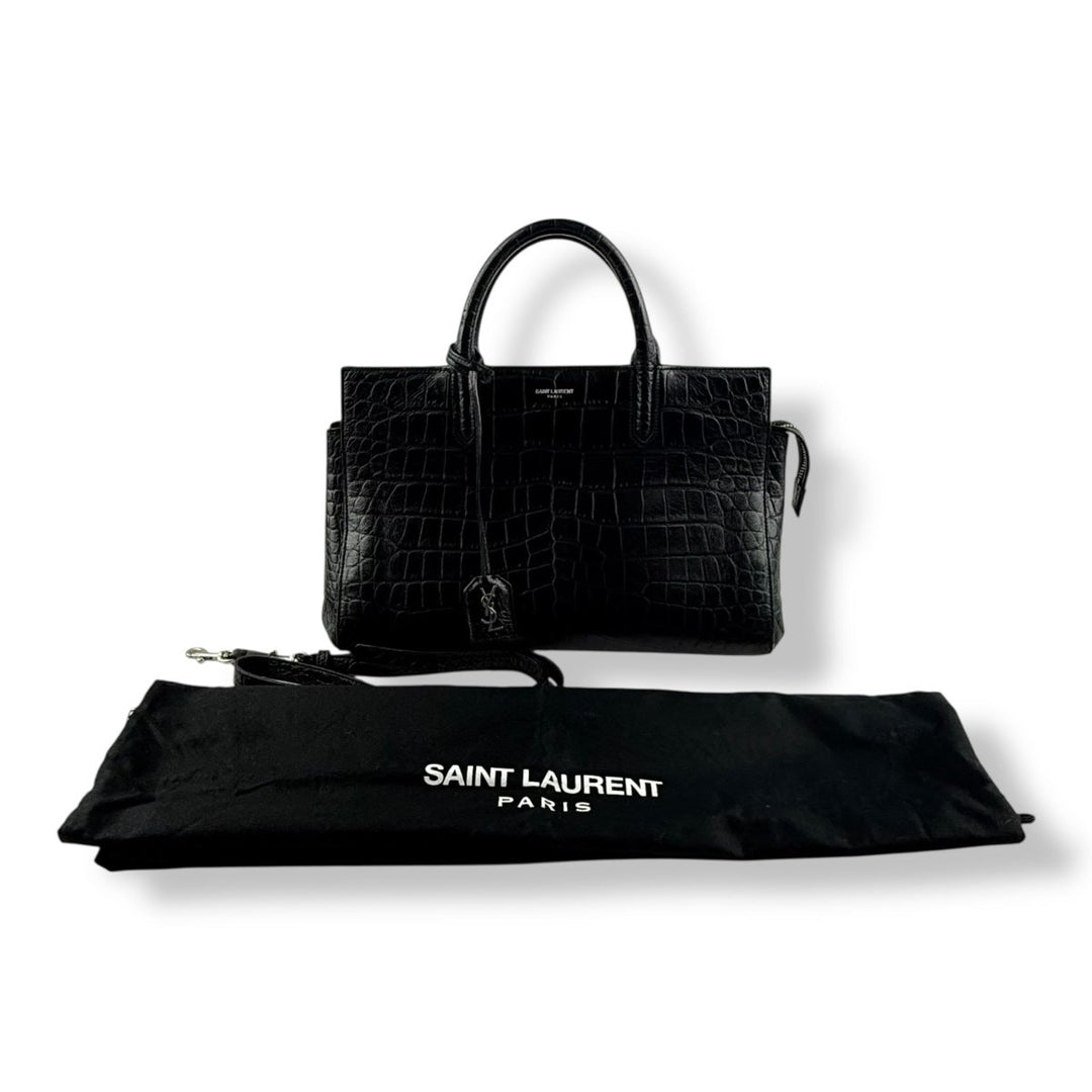 Saint Laurent Calfskin Black Croc Embossed Leather Small Cabas Handbag - Lux Central