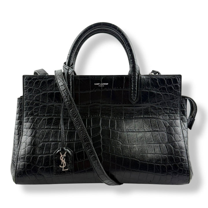 Saint Laurent Calfskin Black Croc Embossed Leather Small Cabas Handbag - Lux Central