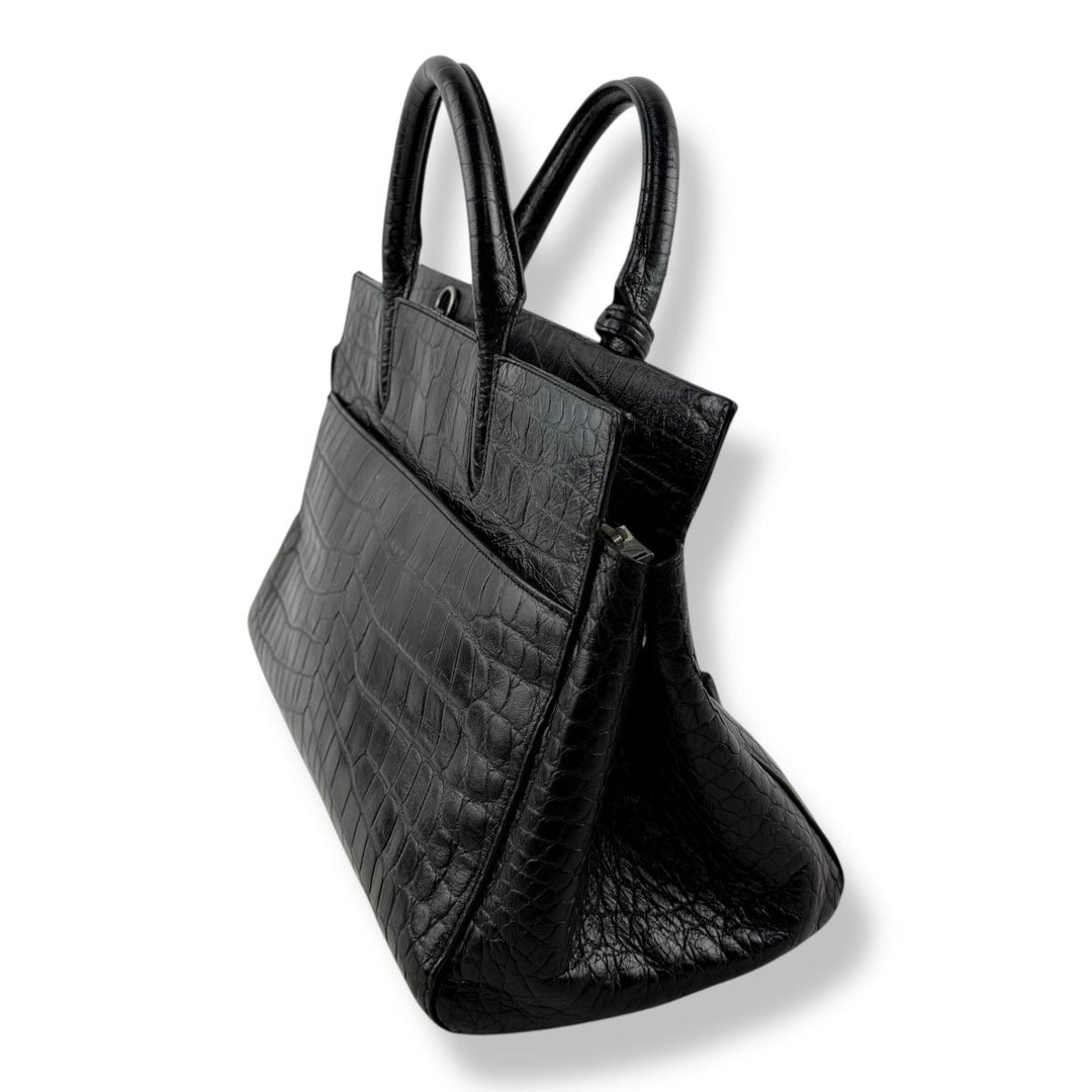 Saint Laurent Calfskin Black Croc Embossed Leather Small Cabas Handbag - Lux Central