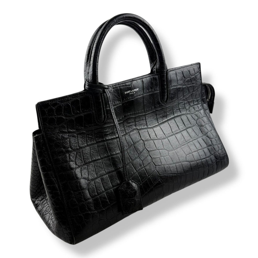 Saint Laurent Calfskin Black Croc Embossed Leather Small Cabas Handbag - Lux Central