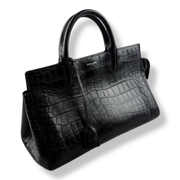Saint Laurent Calfskin Black Croc Embossed Leather Small Cabas Handbag - Lux Central