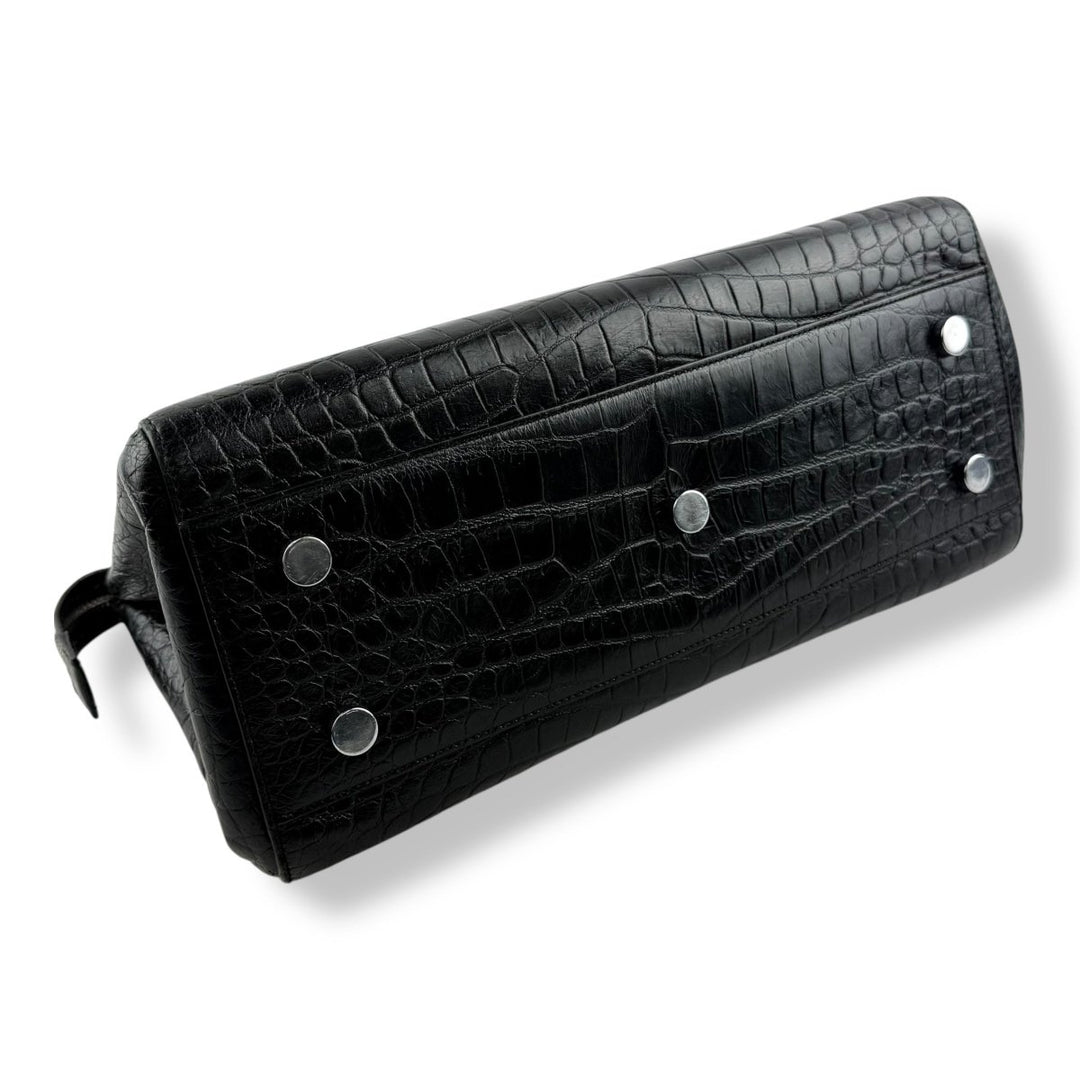 Saint Laurent Calfskin Black Croc Embossed Leather Small Cabas Handbag - Lux Central