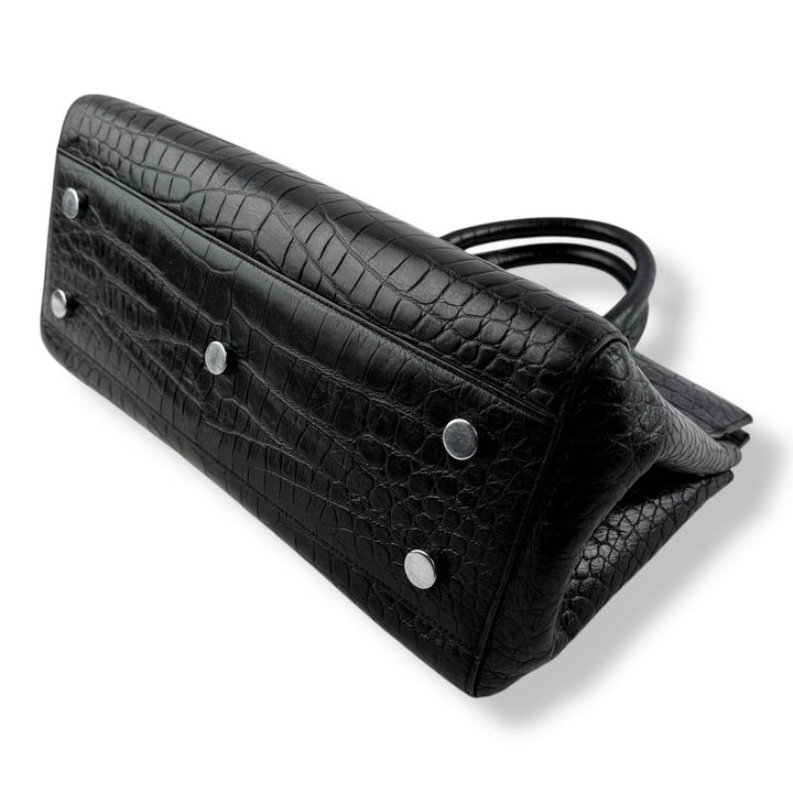 Saint Laurent Calfskin Black Croc Embossed Leather Small Cabas Handbag - Lux Central