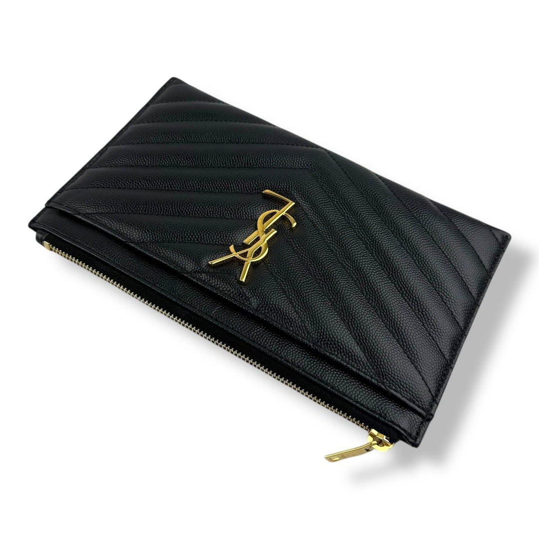 Saint Laurent Cassandre Black Calfskin Leather Pouch Clutch Bag - Lux Central