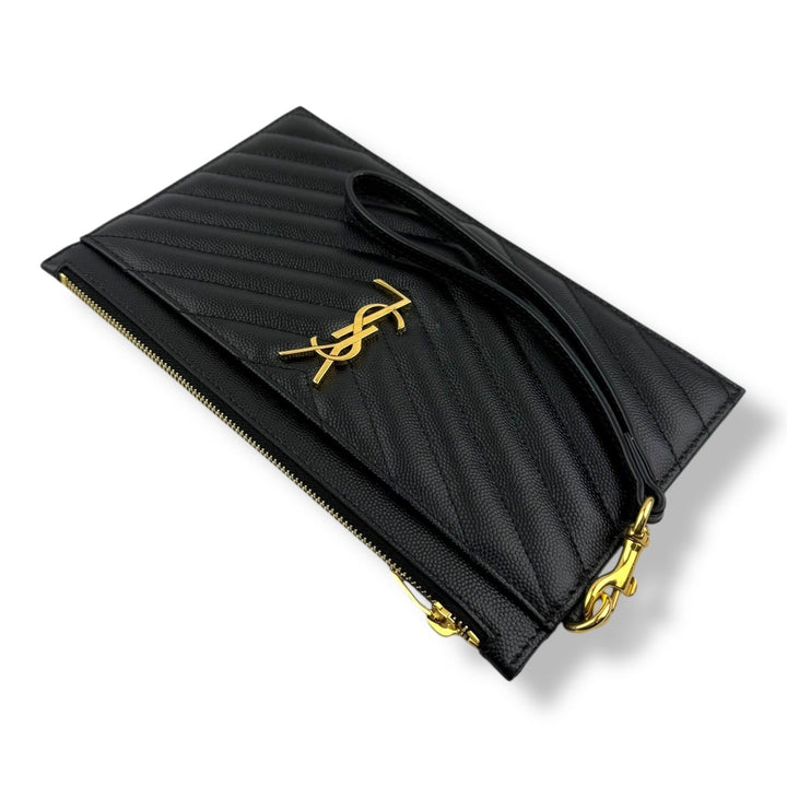 Saint Laurent Cassandre Black Grained Leather Pouch Clutch Bag - Lux Central
