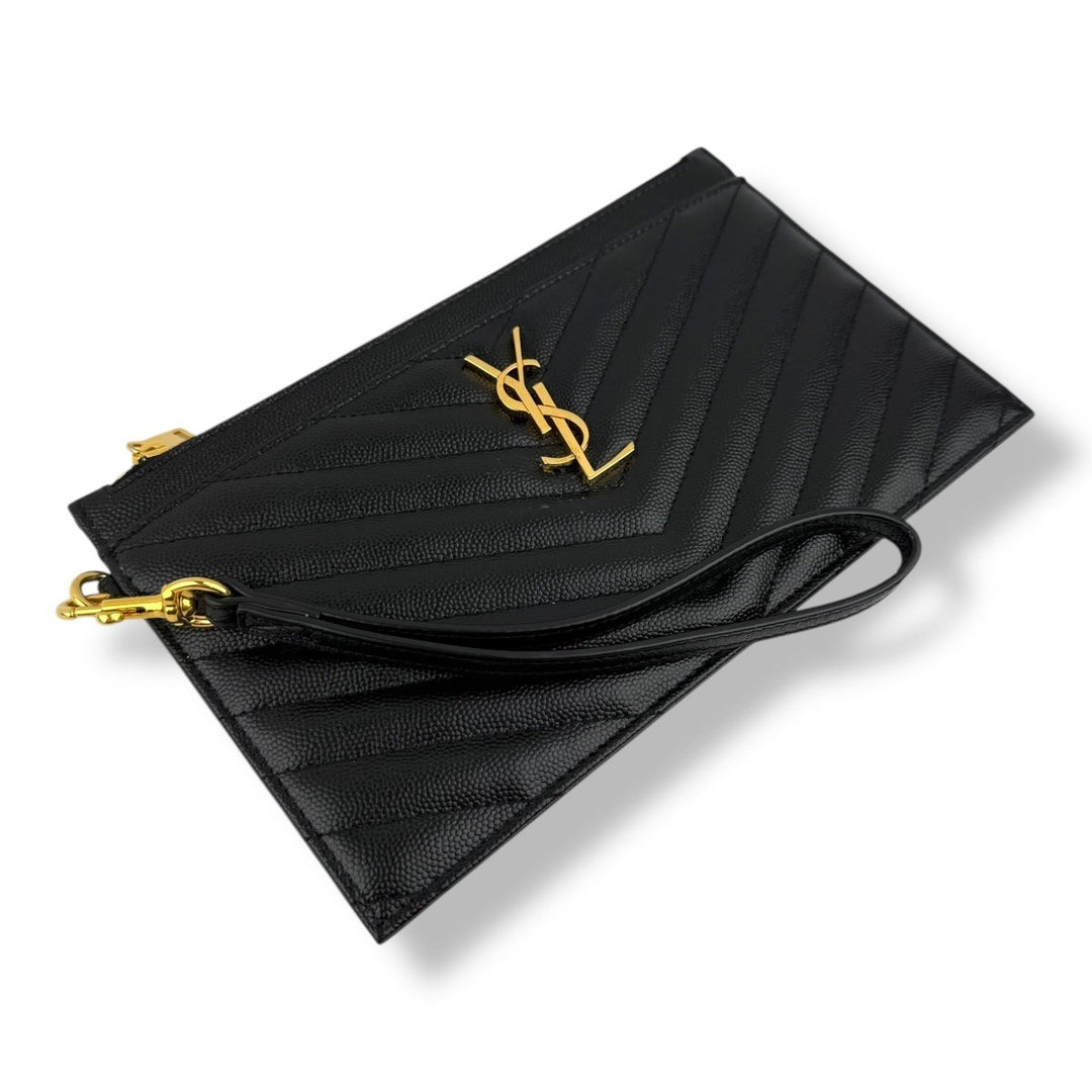 Saint Laurent Cassandre Black Grained Leather Pouch Clutch Bag - Lux Central