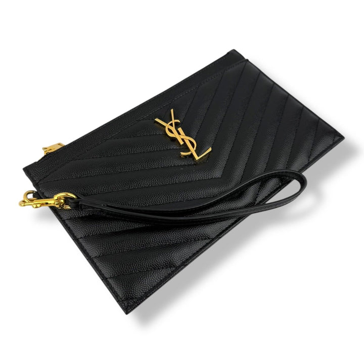 Saint Laurent Cassandre Black Grained Leather Pouch Clutch Bag - Lux Central