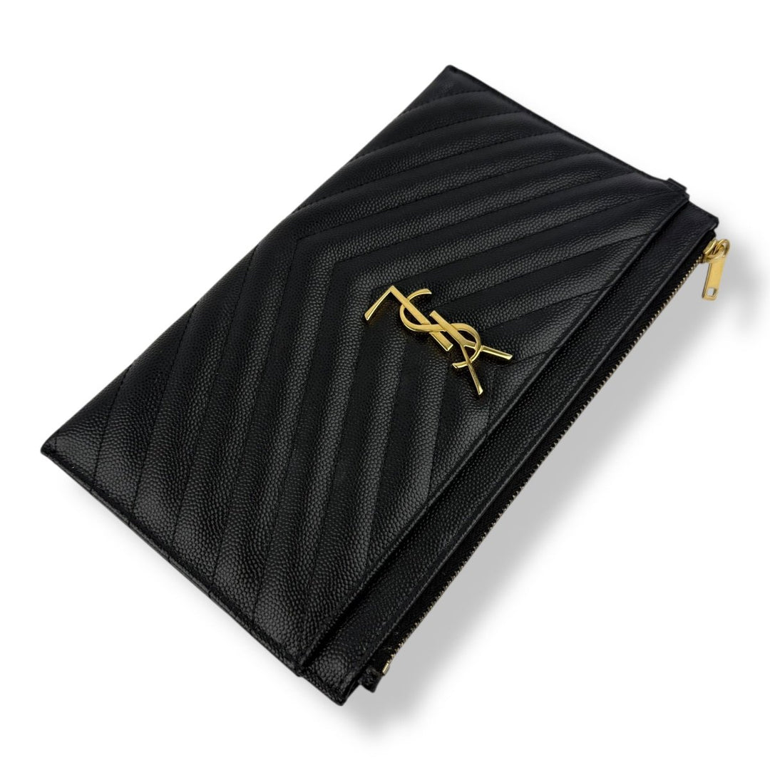 Saint Laurent Cassandre Black Grained Leather Pouch Clutch Bag - Lux Central