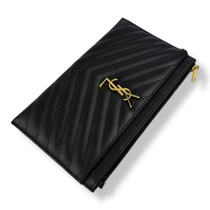 Saint Laurent Cassandre Black Grained Leather Pouch Clutch Bag - Lux Central