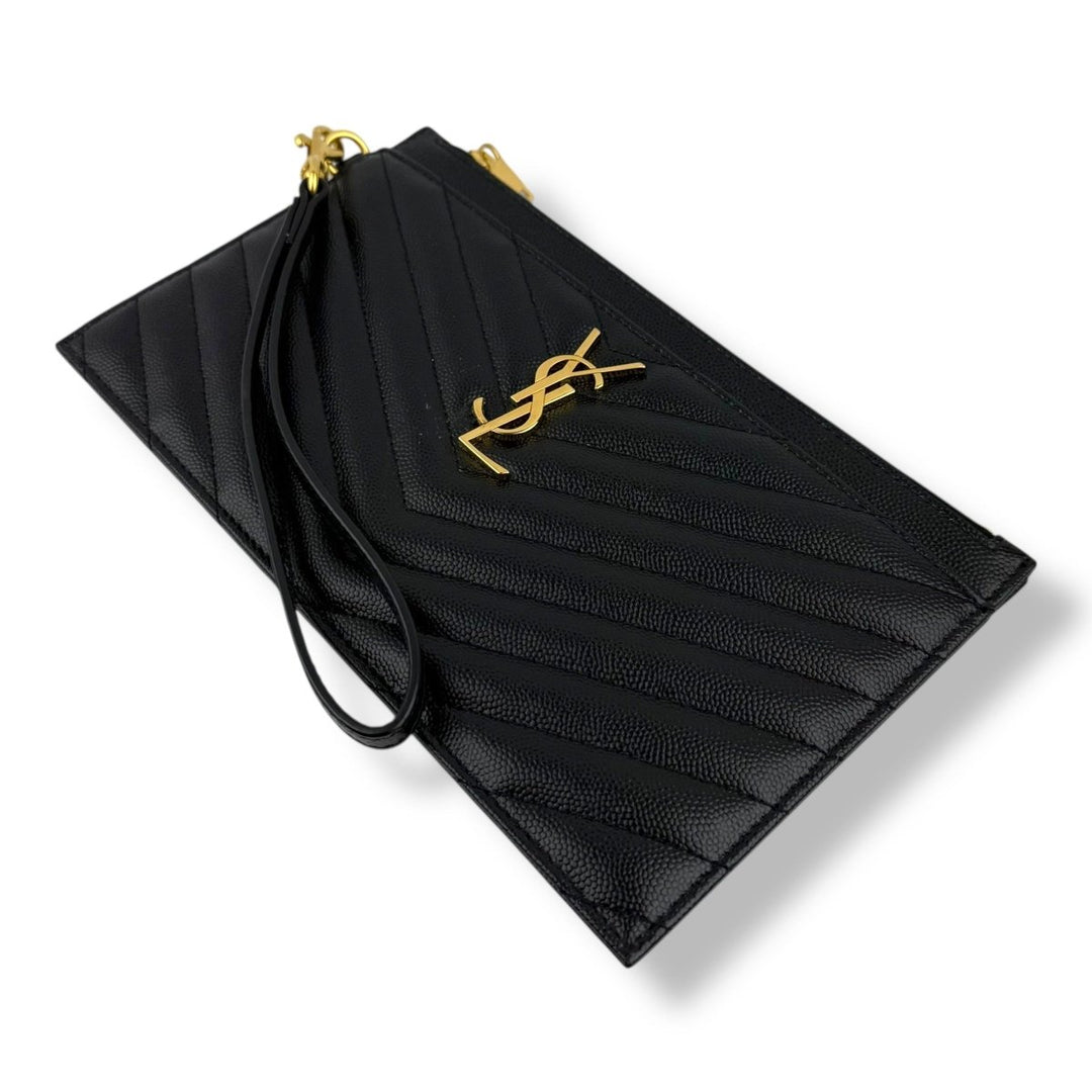 Saint Laurent Cassandre Black Grained Leather Pouch Clutch Bag - Lux Central