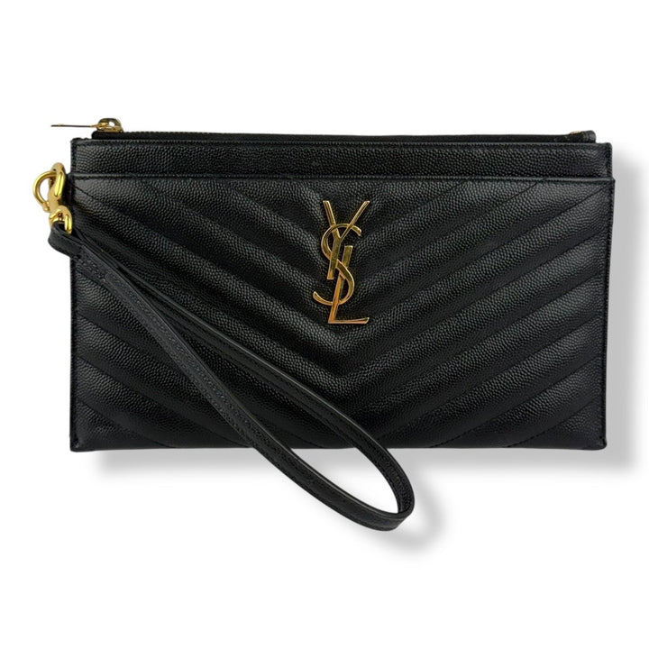Saint Laurent Cassandre Black Grained Leather Pouch Clutch Bag - Lux Central