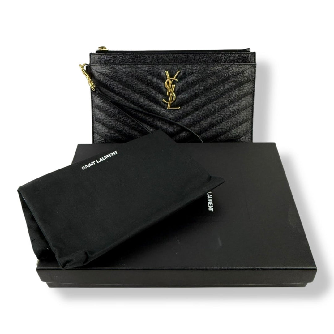 Saint Laurent Cassandre Black Grained Leather Pouch Clutch Bag - Lux Central