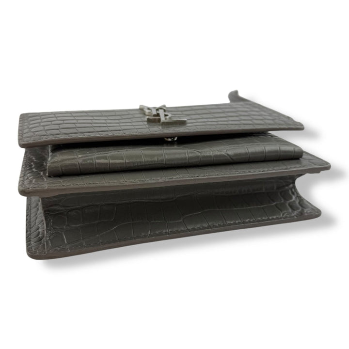 Saint Laurent Grey Croc Embossed Leather Mini Sunset Chain Bag - Lux Central